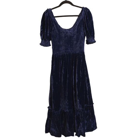Hill House Louisa Nap Dress Navy Velvet Smocked Scoop Neck Ruffle Hem Midi M New - Picture 6 of 12